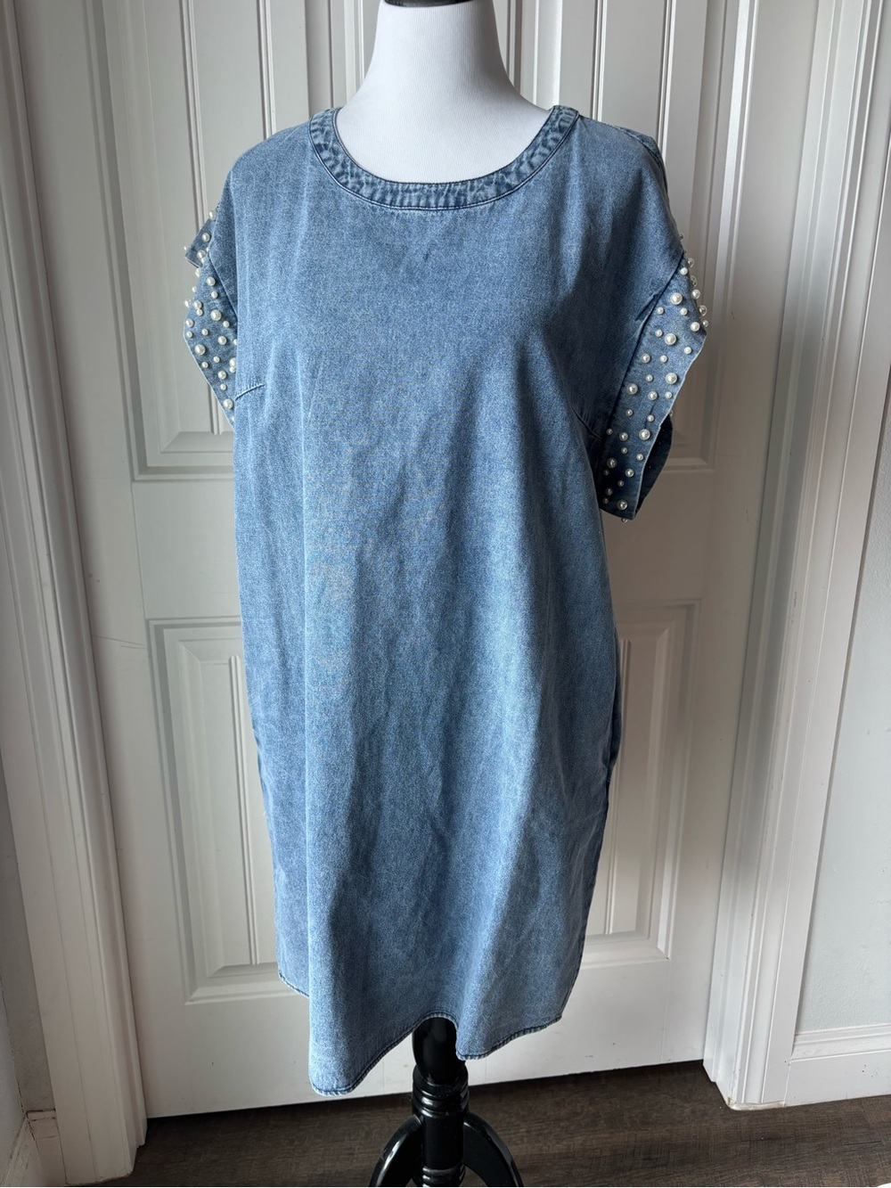 NWT BiBi Light Blue Denim Dress with Pearl-Studded Sleeves